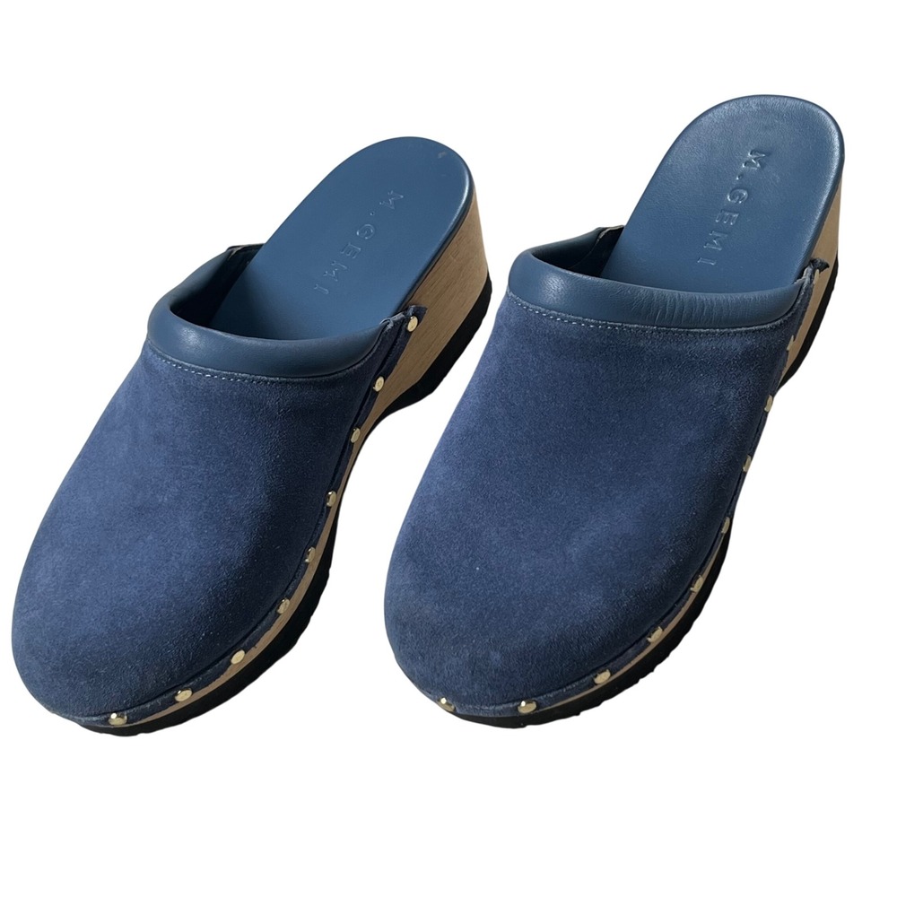 M Gemi The Greta Clog Women 38.5 (US 8.5) Blue Suede Wood Platform Studded Mules